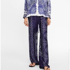 Zara flared silk pants in navy